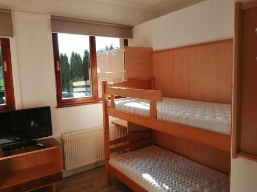 a room with two bunk beds and a flat screen tv at Appartement Geisler in Fügen