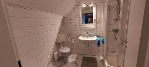 uma pequena casa de banho com lavatório e WC em Zur weißen Rosenblüte, Appartement em Schneverdingen