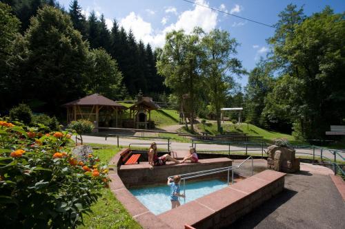 3 personnes assises dans une piscine dans un jardin dans l'établissement Ferienwohnungen Golla-lang, à Oberharmersbach
