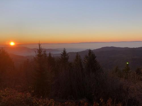 a sunset over the mountains with the sun setting in the sky at Ferienwohnungen Golla-lang in Oberharmersbach