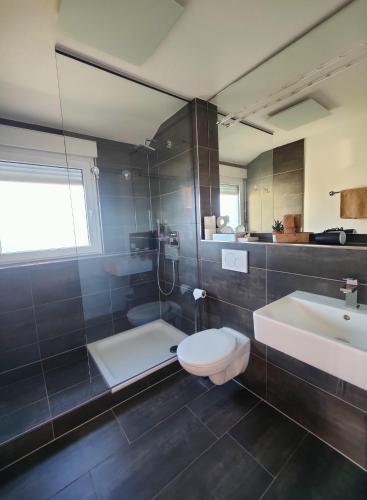 a bathroom with a toilet and a sink at Landhaus Müller in Immenstaad am Bodensee