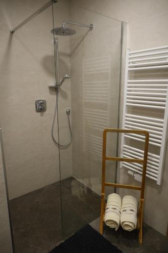 bagno con doccia e porta in vetro di Ferienwohnung Waldfrieden ad Absam