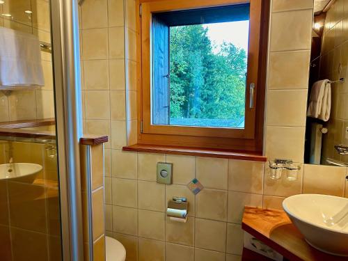 ein Bad mit einem Waschbecken und einem Fenster in der Unterkunft B & B Hôtel Aux Mille Etoiles in Les Marécottes