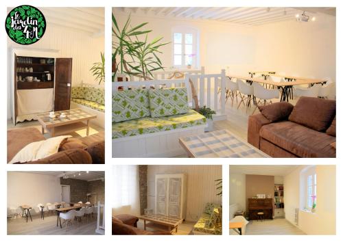 een collage van vier foto's van een woonkamer bij Le Jardin des 4M in Saint-Régis-du-Coin