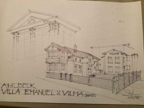 dessin d'un bâtiment sur papier dans l'établissement Haus Vilma, à Ahlbeck