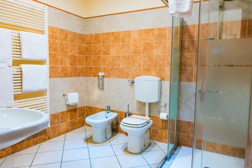 a bathroom with a toilet and a sink and a shower at Panoramic Rooms Torre della Vittoria in Ferrara