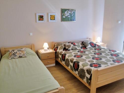 um quarto com 2 camas e 2 mesas de cabeceira e 2 candeeiros em Apartments Vila Nidisa em Čižići