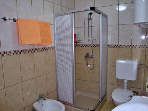 uma casa de banho com um chuveiro, um WC e um lavatório. em Apartments Vila Nidisa em Čižići