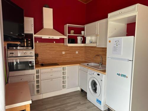 eine Küche mit weißen Schränken und einer Waschmaschine und einem Trockner in der Unterkunft Le Domaine de Laurolie in Gaujacq