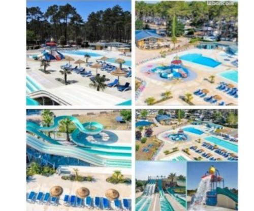 un collage de quatre photos d'un parc aquatique dans l'établissement Les dunes de contis, à Saint-Julien-en-Born