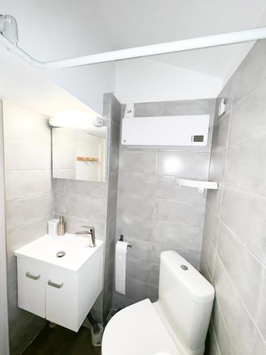 une salle de bain blanche avec des toilettes et un lavabo dans l'établissement Bégonias Appartement T3 Avenue de Lodève, à Montpellier