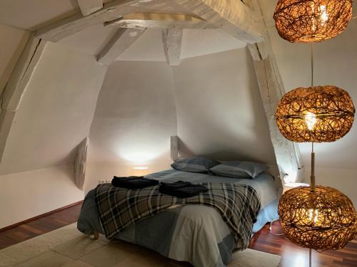 a bedroom with a bed with two lights and two lamps at Maison Jeanne d’Arc in Mennetou-sur-Cher