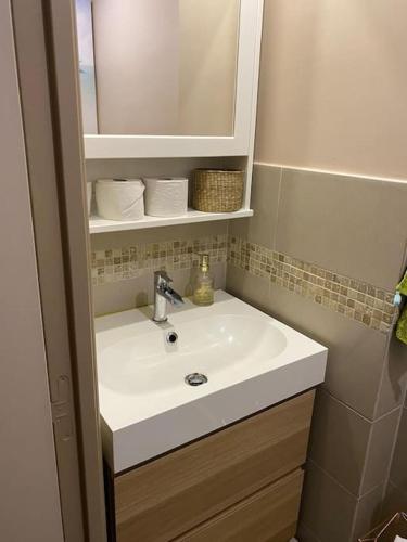une salle de bain avec un lavabo blanc et un miroir dans l'établissement Charmant appartement 3 pièces avec balcon (équipé PMR), à Montrouge