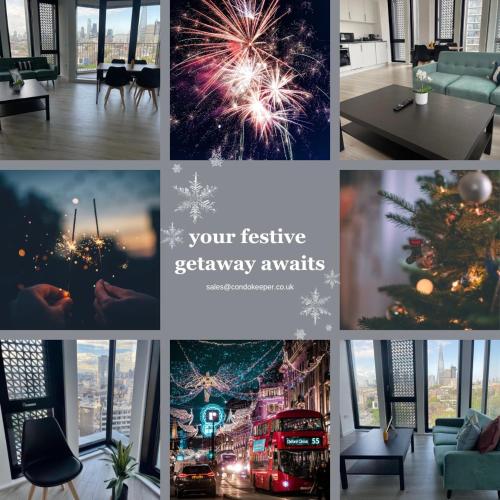 a collage of photos with fireworks and a christmas tree at Manhattan Pad in London