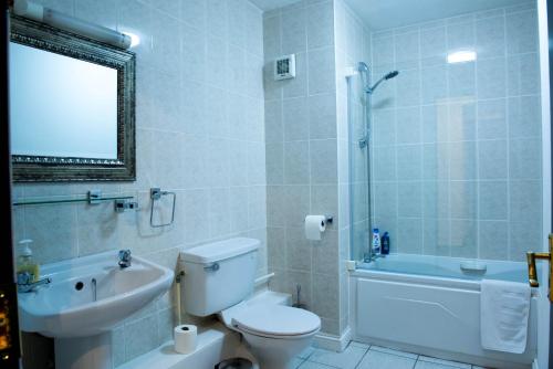 een badkamer met een toilet, een wastafel en een douche bij Exchange Suite Downtown in Dublin