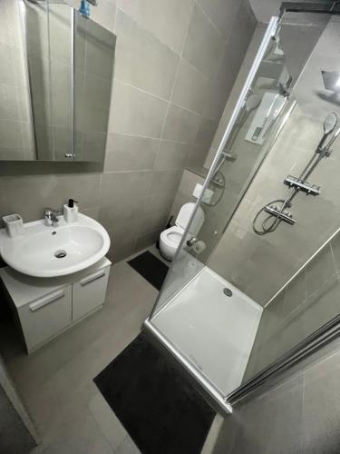 a bathroom with a shower and a sink and a toilet at Pension 43 in Duisburg