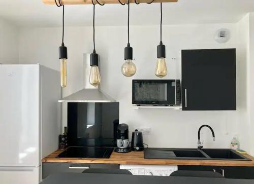 La cuisine est équipée d'un évier, d'un réfrigérateur et de lumières. dans l'établissement La Midouze - Central - Moderne - Cosy, à Mont-de-Marsan