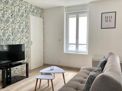 un salon avec un canapé et une télévision dans l'établissement La Midouze - Central - Moderne - Cosy, à Mont-de-Marsan