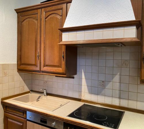 a kitchen with wooden cabinets and a stove top at My Loft by Esen Hamburg Netflix, Parkplatz, Terasse in Hamburg