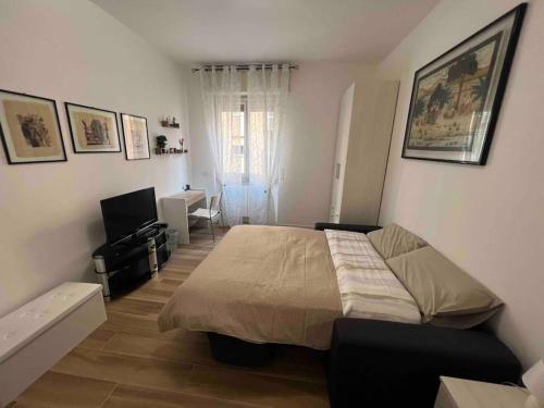 um quarto com uma cama e uma televisão em Comodo appartamento a 2 minuti dalla metropolitana em Sesto San Giovanni