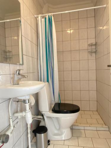 a bathroom with a black toilet and a sink at (id.023) Spangsberggade 24. 2 tv in Esbjerg
