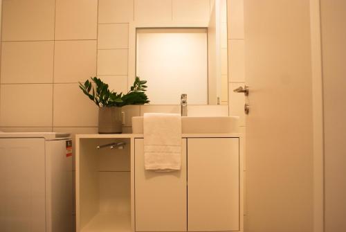 een badkamer met een wastafel en een spiegel bij Aparthouse Leonhard in Feldkirch