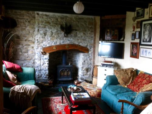 a living room with a blue couch and a fireplace at Five Saints Farmhouse B&B in Pumpsaint