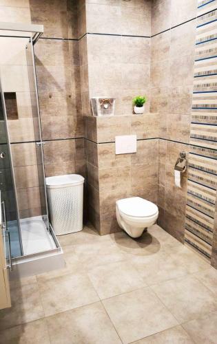 a bathroom with a toilet and a shower at Apartament nad Jeziorem w Olecku in Olecko
