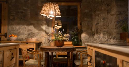 a kitchen with a table with a potted plant on it at Casa Mingot SXVI Anciles Benasque in Anciles
