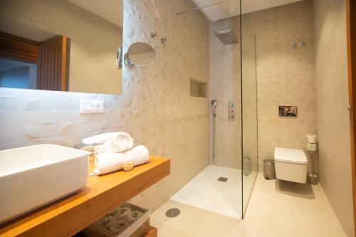 a bathroom with a sink and a glass shower at Hotel El Patio in Garachico