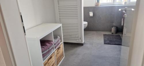 ein Badezimmer mit einem weißen Waschbecken und einem WC in der Unterkunft Ferienwohnungen Christian Keller in Reichenau