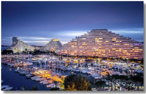 a view of a hotel with boats in a marina at STUDIO-PORT-MARINA, Parking privé, climatisé au "DUCAL" in Villeneuve-Loubet
