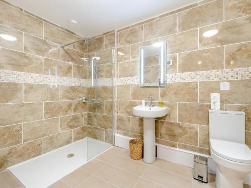a bathroom with a toilet and a sink and a shower at Lime Lodge - Uk42547 in Llanwrthwl