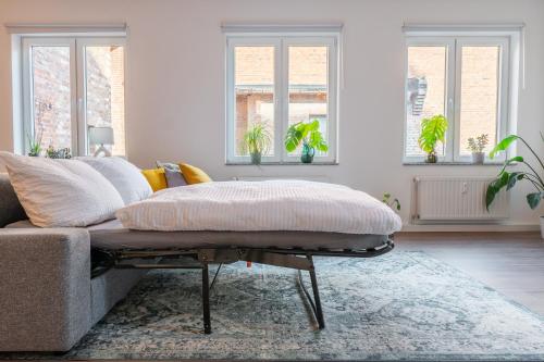 a living room with a couch and two windows at Luxuriöses Apartment, 10min Innenstadt, Parkplatz in Erfurt