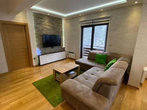 ein Wohnzimmer mit einem Sofa und einem TV in der Unterkunft Apartman Dunja-Vila Pekovic Zlatibor in Zlatibor