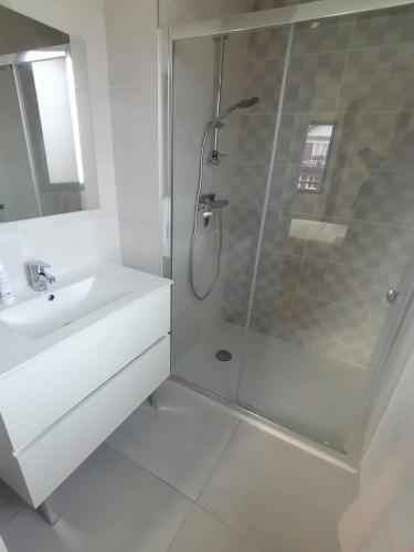 une salle de bain blanche avec une douche et un lavabo dans l'établissement Ciboure croix Blanche, Appt 6 personnes + parking, à Ciboure