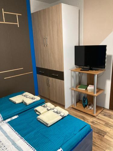 a room with two beds and a flat screen tv at Уютен апартамент Мечта in Vratsa