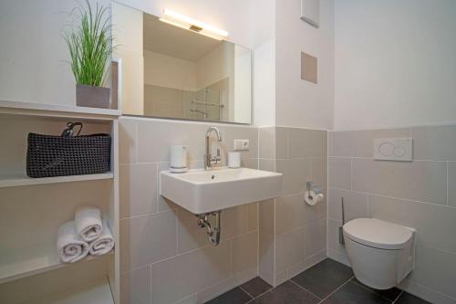 a bathroom with a sink and a toilet and a mirror at Chalet am Breitenberg in Pfronten