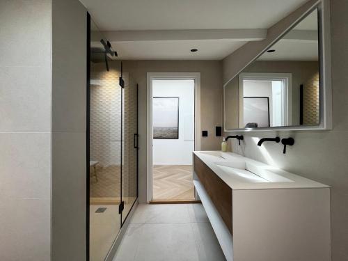 uma casa de banho com um lavatório e um espelho em Rooftop unique vue mer / Vieil Antibes em Antibes