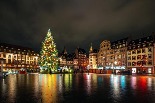 a christmas tree in the middle of a city at night at Cosy apartment on Strasbourg Tramway line and Canal - Appartement confortable sur ligne tram Strasbourg et Canal in Bischheim