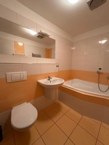 a bathroom with a toilet and a sink and a tub at Apartmán AB kryté parkování zdarma in České Budějovice
