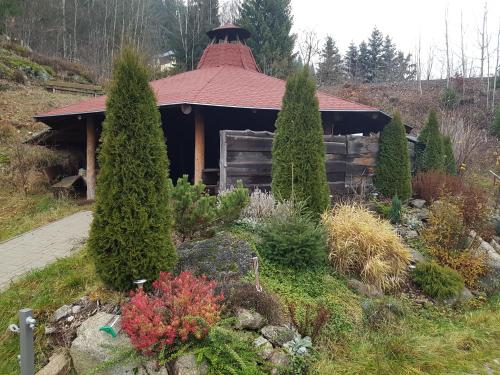 a garden in front of a building with trees at Hotel Schwarz in Nové Hamry