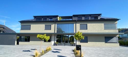 ein großes Haus mit einem Innenhof davor in der Unterkunft Exklusive Design Appartement BlackBerry Neubau in Pfungstadt