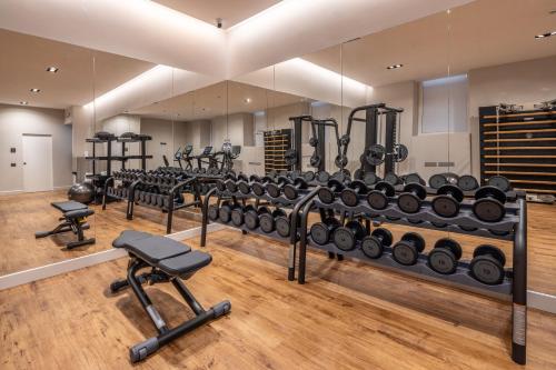a gym with rows of exercise equipment and mirrors at Casa Baglioni Milan - The Leading Hotels of the World in Milan