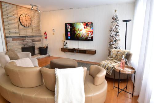 salon z kanapą i telewizorem w obiekcie Bord du LAC, VUE magnifique w mieście Saint Adolphe D'Howard
