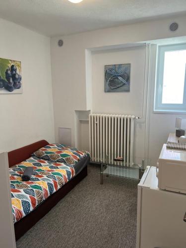 a bedroom with a bed and a window at Apartmány Star in Kežmarok