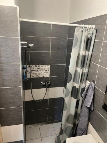 y baño con ducha y cortina de ducha. en Apartmány Star en Kežmarok
