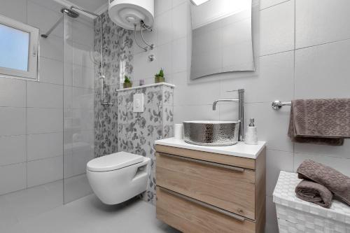 y baño con aseo, lavabo y ducha. en Holiday home Danica, en Ožići