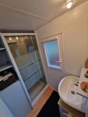 une petite salle de bain avec un lavabo et une douche dans l'établissement Charmant mobilhome à 2 pas remontés ski Samoëns, à Samoëns