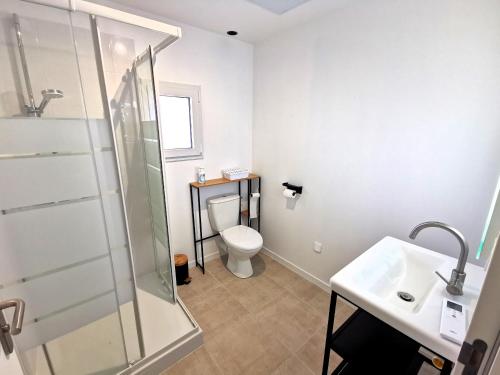 ジャール・シュル・メールにあるLa Maison Manoleのトイレ、洗面台、シャワー付きのバスルーム